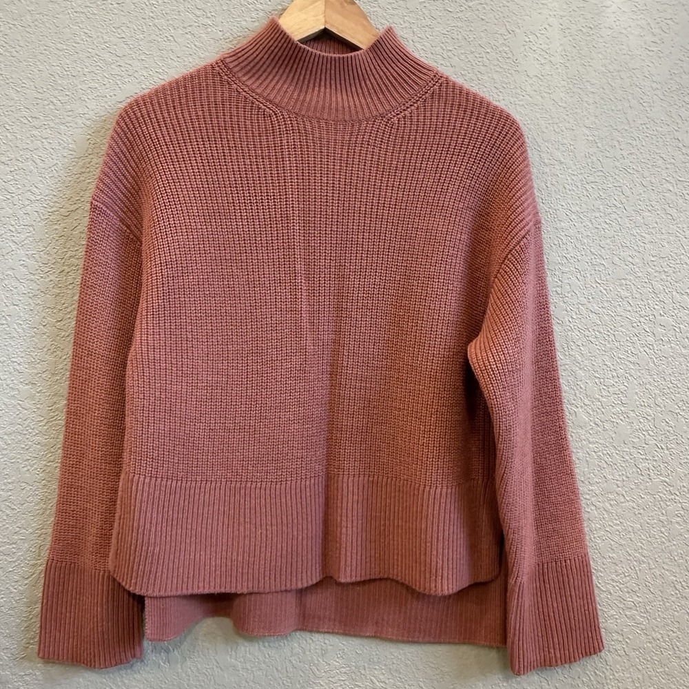 H&M Mock Neck Long Sleeve Sweater Thick Rib Knit Hi-Low Dusty Rose Wool Blend